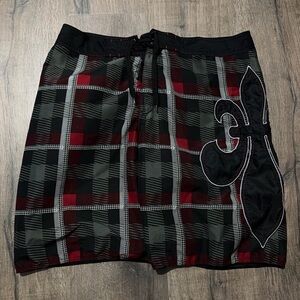 Joe Boxer Plaid Board Shorts Fleur De Lis Red Black Grey